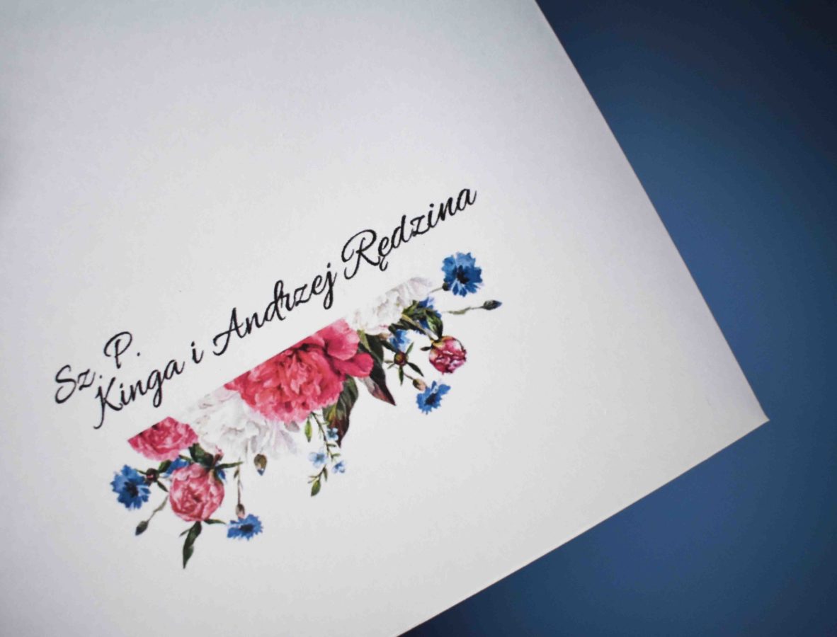 Grafika i personalizacja koperty ślubnej piwonie i kwiaty polne